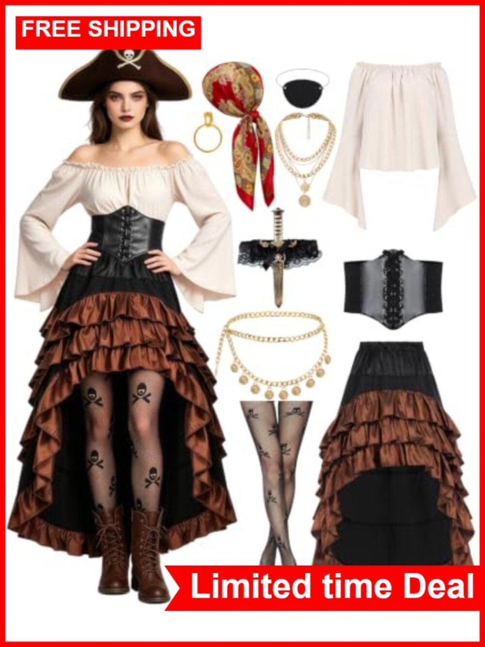Women's 10pc Pirate Costume Set Accessories Shirt Skirt Corset Belt